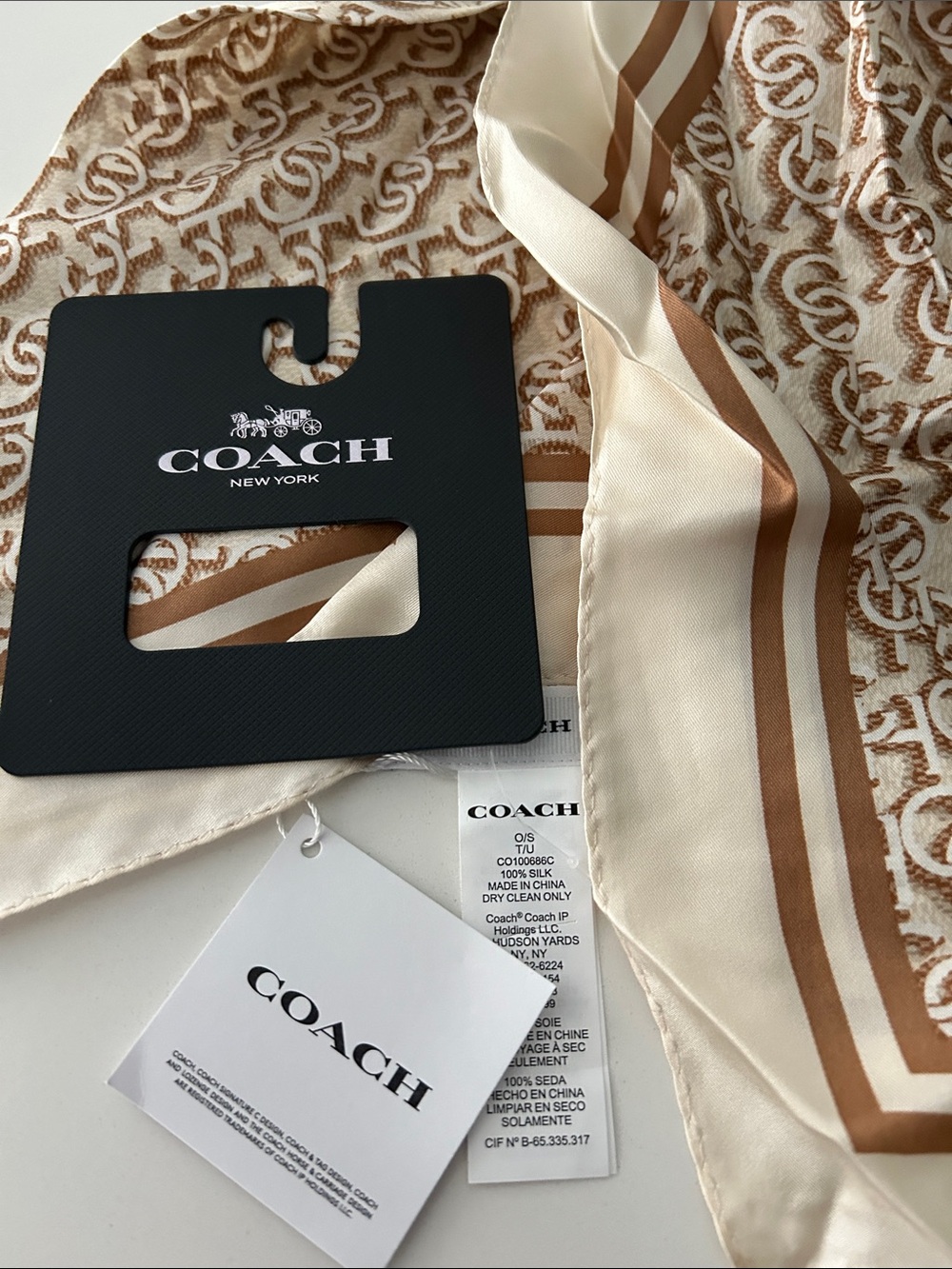 Coach Beige & Brown Signature Silk Scarf with Stripe Trim